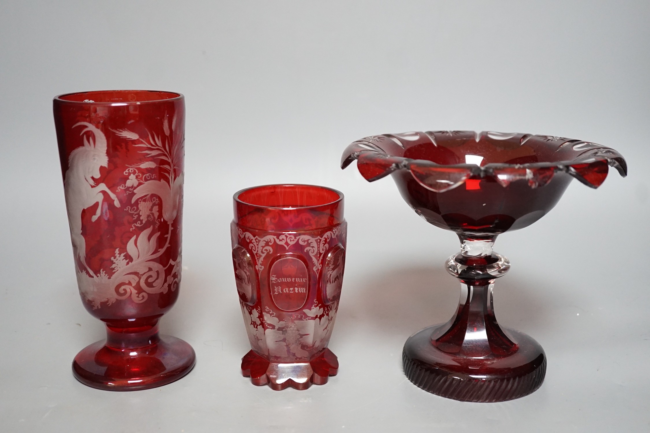 Two Bohemian Red stained glass vases and a comport, tallest 17cms high